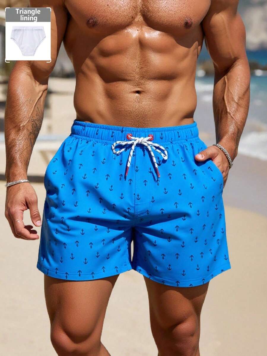 Surfspeed 男士夏季夏威夷风锚印花沙滩短裤 - 藍色 - 查看 1