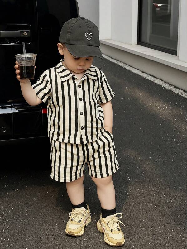 SHEIN 2pcs/Set Infant/Toddler Boys' Summer Polo Collar Cardigan Set, White Base Black Stripe Short Sleeve Shirt Top And Matching White Base Black Stripe Casual Shorts, Suitable For Daily, Vacation And Holiday,Summer Casual Baby Clothes Personalized Baby Clothes Boy Clothes Set Baby Outfit Infant Outfit Sets Boys Outfit Sets Summer Boy Clothes For Kids 6M-3T Boy Clothes For Toddlers Kids Boys Clothing Cozy Pixies Toddler Striped Shorts Striped Shorts Set Toddler Boy Striped Shirt And Shorts Set