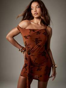 MISSGUIDED Rochie mini cu umeri goi, imprimeu floral, cu noduri laterale, încrețite, seară, petrecere, mulată, răsucită în față, toamnă, modă - Portocale - Vizualizare 1