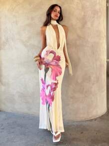 Aloruh Robe longue élégante et sexy à col V profond et dos nu avec imprimé floral, robe de thé pour femmes, robes d'été pour femmes, tenues de lune de miel pour femmes, tenues de vacances sur l'île, robe de demoiselle d'honneur pour femmes, robes d'été pour femmes, robes élégantes pour fête, robe de vacances pour femmes