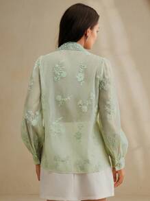 Anewsta Áo sơ mi thanh lịch có cổ bẻ, vải jacquard, thêu và trang trí bằng đá giả - màu xanh lá - Xem 2