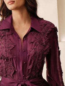 Anewsta Bộ váy dài 2 món thời trang thanh lịch, cổ áo khoét sâu họa tiết ren và buộc eo, viền ren hoa cho nữ - Màu tím - Xem 3