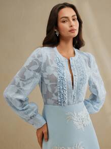 Anewsta Áo cánh cổ tròn vải kết cấu viền xếp nếp trong suốt thanh lịch hiện đại lãng mạn cho nữ, mùa xuân/hè - Màu xanh lam - Xem 1