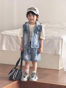 SHEIN Young BoyFashion 户外街头休闲牛仔套装：针织帽、拼布背心、破洞牛仔背心、破洞牛仔裤 - 中等水洗藍 - 查看 8