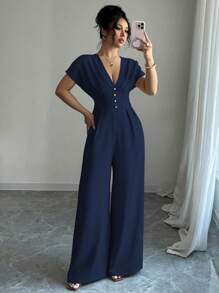 Rafferiza Women's Elegant Solid Deep V-Neck Ruched Waist Jumpsuit - Navy Blue - View 4