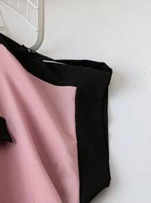 SHEIN LUNE 大码拼色无领喇叭袖衬衫黑白上衣黑白上衣 - 藕粉色 - 查看 4