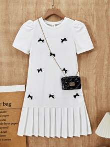 SHEIN 1pc Tween Girls Bow Decor Peplum Short Sleeve Dress, Loose Fit, Spring/Summer - White - View 3
