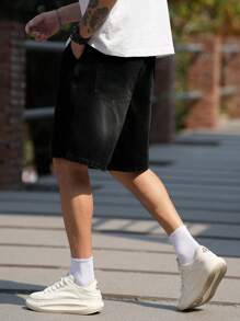 Manfinity Homme 男士宽松口袋阔腿休闲百搭牛仔短裤 - 黑色 - 查看 7