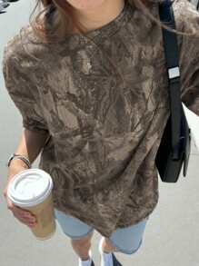 INAWLY 大码休闲迷彩印花短袖 T 恤，春夏 - 咖啡棕 - 查看 1