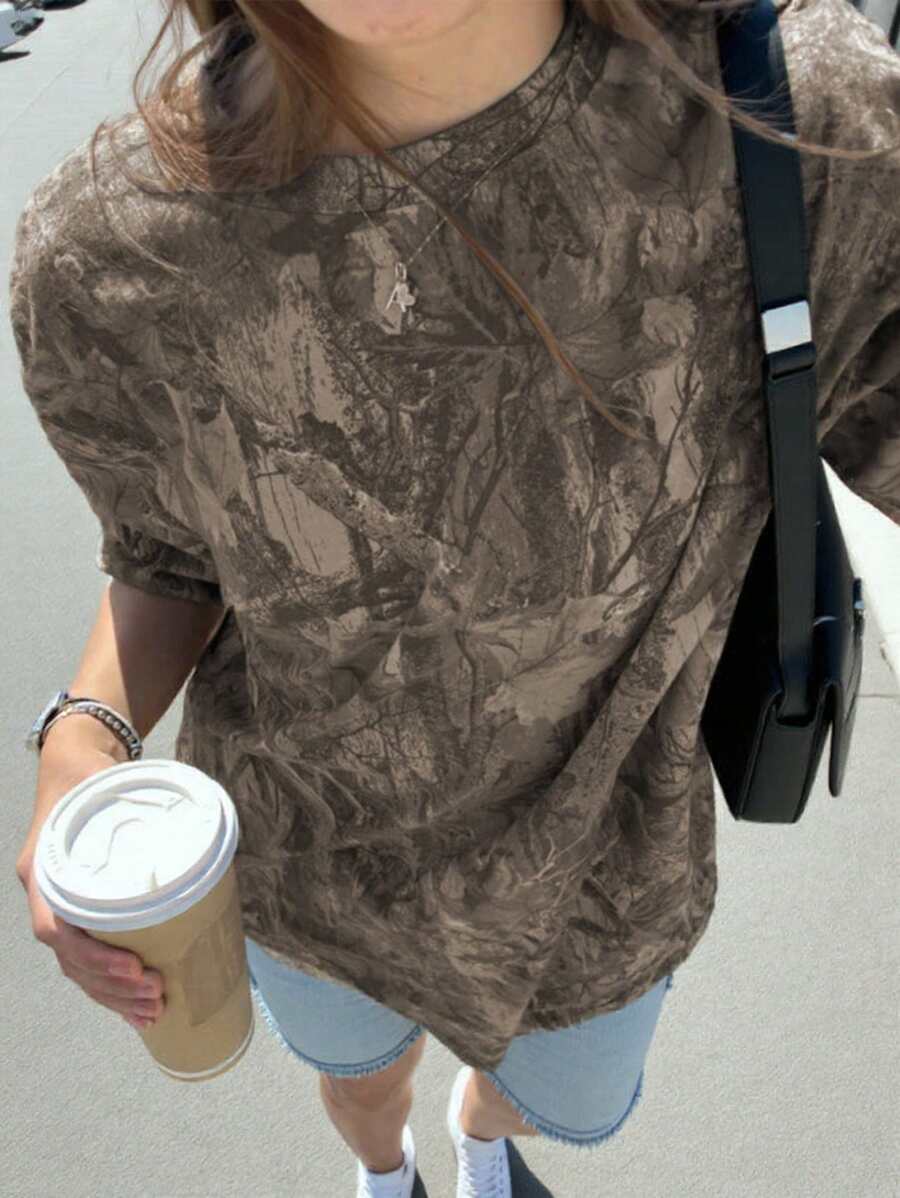 INAWLY 大码休闲迷彩印花短袖 T 恤，春夏 - 咖啡棕 - 查看 1