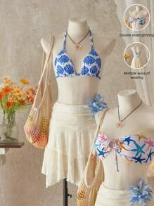 SHEIN Swim Top de Bikini de Mujer con Cuello de Halter Estampado Completo - Multicolor - Ver 1