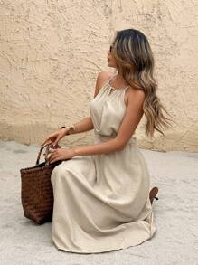 SHEIN Frenchy Women Summer Solid Color Linen Blended Casual Dress, Butter Yellow, Dresses Classy Elegant, Tie Event Dress Women Formal Party Dress Women Party Dresses Women's Long Dresses Women's Formal Dress Women Long Dresses Women Formal Dresses Women's Summer Dresses, Graduation Dresses Women Solid Color Pleated Casual Halter Midi Dress, Vacation,Boho Clothes Women Vacation Beach Holiday Resort - Apricot - View 8