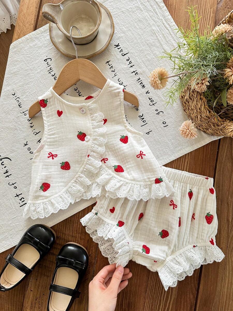 LMoss Kids LMoss 2pcs Baby Girl Woven Strawberry Bow Top And Shorts Outfit Set Baby Girl Strawberry Clothes Strawberry Baby Outfit Linen Sets For Toddler Girl 100 Cotton Two Pieces Set For Baby Girls 2pcs Set Toddler Girls Cute Vintage Style - Multicolor - View 1