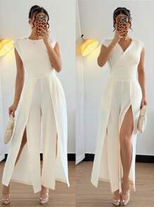 Chiquease 优雅的法国年轻女性日常通勤双面圆领无袖杏色长款开叉连体裤，全白派对装 - 杏色 - 查看 1