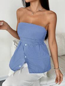 INAWLY Women's Casual Woven Striped Front Ruched Hem Button Down Regular Fit Blouse, Summer - Blue - View 5