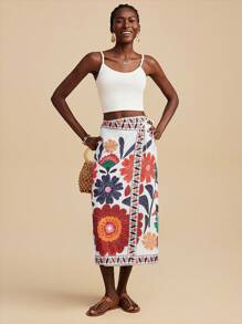 Travachic Woven Print Women Retro Style Skirt - White - View 3