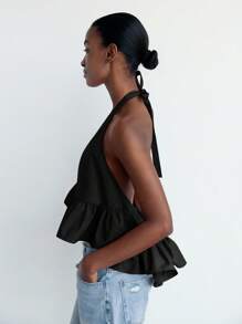 SHEIN Maija Top de mujer de estilo urbano suelto con volantes en el bajo, sin espalda y con cuello halter, versátil para uso casual, de negocios, vacaciones, invitada de boda, sin tirantes - Negro - Ver 4