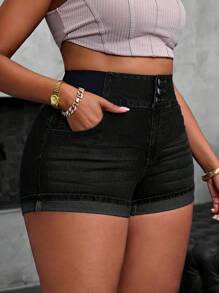 SHEIN SXY 女式加大弹力迷你牛仔短裤 - 黑色 - 查看 4