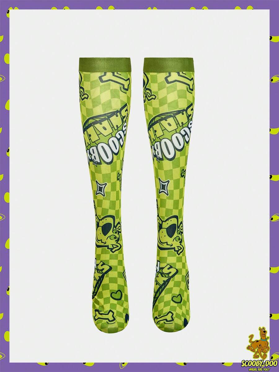 SCOOBY-DOO X SHEIN 绿色字母和卡通图案连裤袜 - 綠色 - 查看 1