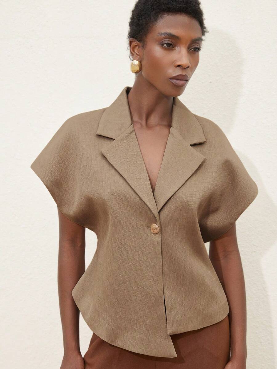 Femmeiva Premium Commuter Tweed Collared Fitted Waist Minimalist Metal Button Women Suit Jacket - Khaki - View 1