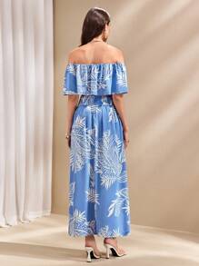 Chiquease 女士露肩花卉印花两件套，休闲假日 - 藍色 - 查看 2