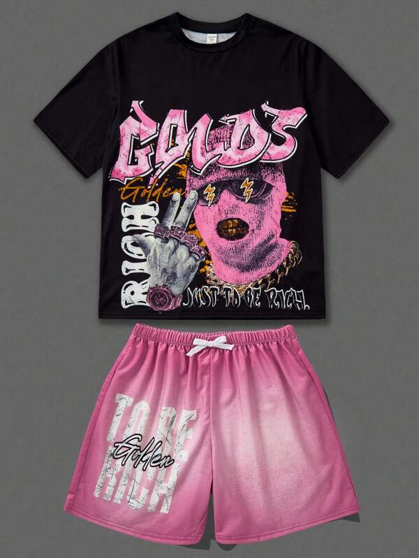 Set de 2 piese pentru copii/adolescenți, casual, versatil, confortabil, cu imprimeu de litere și graffiti, guler rotund, mânecă scurtă, tricou și pantaloni scurți, tricotați