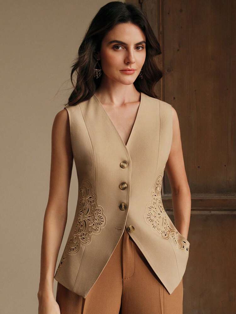 Women's New Spring/Summer Elegant Modern Floral Hollow-Out Embroidered Versatile Vest, Top, Shirt, Blazer