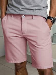 Manfinity Homme 男士纯色休闲直筒宽松短裤男士粉色短裤男士正装短裤男士高尔夫短裤男士短裤粉色短裤。送给男朋友或丈夫的绝佳礼物。 - 粉色 - 查看 3