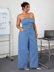 Jeanoix Plus Size Women's Patchwork Jumpsuit, Light Blue Non-Stretch Casual Denim Jumpsuit