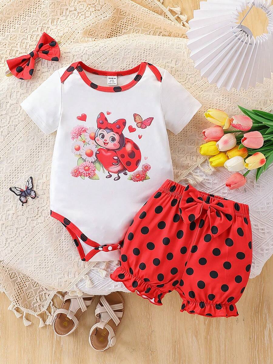 Baby Girls Can Wear Cute, Fun, Simple And Casual Red Background Black Dot Ladybug Print Jumpsuit Set With Headband In Spring And Summer Baby Girl Summer Clothes Sets - Multicolor - View 1