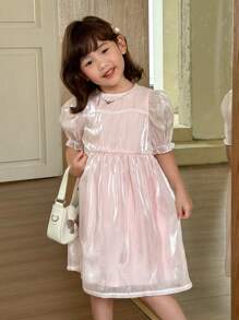 SHEIN Little Byeori Young Girls Ruffle Sleeve Princess Style Dress Lovely Pink Flared Dress For Short Sheer Polyester With Three-Quarter Sleeves - Pink - View 5