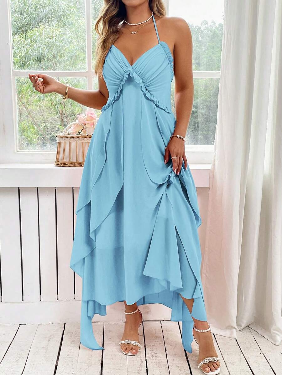 SHEIN Clasi Plus Size Women Elegant French Style Ruffle Backless Spaghetti Strap Dress, Pink - Baby Blue - View 1