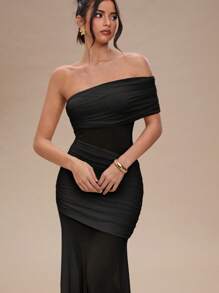 SHEIN BAE 女士夏季服装纯杏色褶皱性感透视长裙女装，夏季连衣裙 - 黑色 - 查看 5