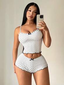 SHEIN SXY Bộ đồ ngủ chấm bi thường ngày cho nữ - Áo hai dây + Quần short, Bộ đồ ngủ chấm bi 2 món Bộ đồ ngủ chấm bi cho nữ - Nhiều màu - Xem 6