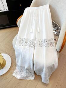 GlowEve CURVE 大码女式蕾丝拼接宽松休闲沙滩裤，舒适外出春夏 - 白色 - 查看 6