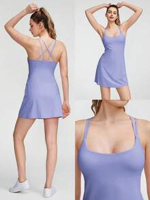 GLOWMODE FeatherFit™-Air Peekaboo方領口衛衣式口袋防滑活動短裙，內置短褲輕支撐低衝擊力春夏連衣裙 - 紫色 - 查看 9