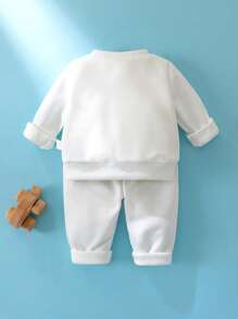 SHEIN 新生婴儿休闲日常可爱大象印花长袖连帽衫和裤子套装，适合外出、居家休闲和拍照 - 白色 - 查看 2