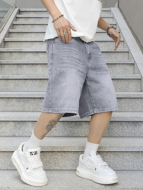 Manfinity Hypemode Men's Casual Pocket Loose Wide Leg Cropped Denim Shorts Grey Jean Shorts Men