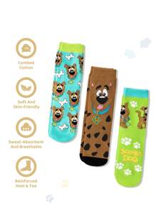 SCOOBY-DOO X SHEIN 3雙純棉可愛卡通小狗圖案兒童中筒襪，中性款，襪跟加強耐磨，四季可穿 - 彩色 - 查看 3