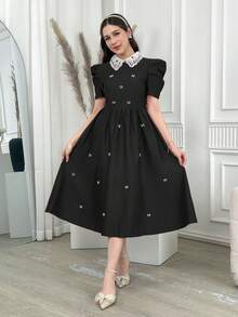 Rochie mini elegantă cu mânecă scurtă și decor cu perle pentru fete adolescente