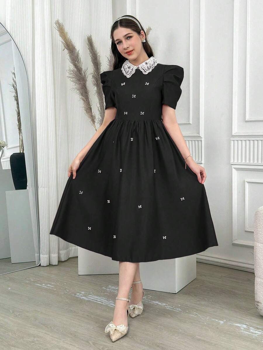 Rochie mini elegantă cu mânecă scurtă și decor cu perle pentru fete adolescente