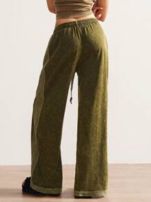 Bohemela 女士休闲纯色针织宽腿水洗宽松裤 - 軍綠色 - 查看 6