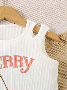 SHEIN 2pcs Young Girls Cherry Print Top & Plaid Pants Set - Red - View 7