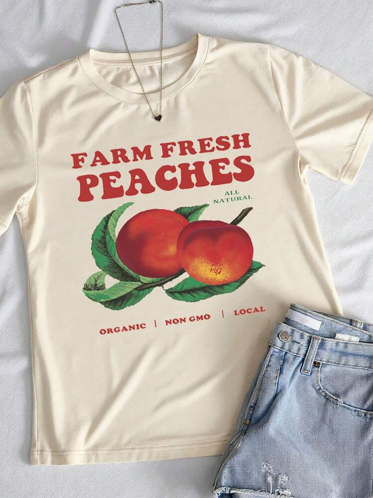 INAWLY Camiseta de estilo retro con texto y estampado de frutas, ideal para vacaciones de estilo informal para mujer - Caqui - Añade 1