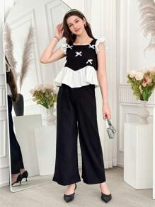 WESTFADE Young Set elegante da 2 pezzi per adolescenti e donne di taglia petite, composto da top con maniche a campana e fiocco, e pantaloni a gamba ampia, adatto per vacanze