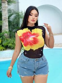 Sunnyshic Plus Size Women's Summer Solid Mesh Fabric High Neck 3D Floral Printed Women's Short Sleeve T-Shirt With Shiny Rhinestones - Black - View 4