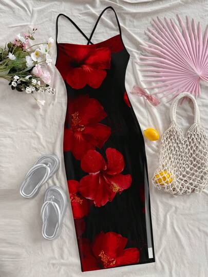 Soleia Summer Women's Maxi Dress With Tropical Floral Print, Casual Vacation Style, Color Block Design, Sexy,Boho Clothes Women Suitable For Going Out Chic Dress