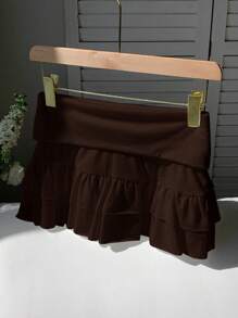 Comfortcana 休闲纯色低腰荷叶边下摆短裙短裤 - 咖啡棕 - 查看 3