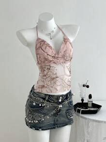 Elamini Sexigt glitterbroderat linne med rygglös halterneck för kvinnor för sommaren - Rosa - Visa 1