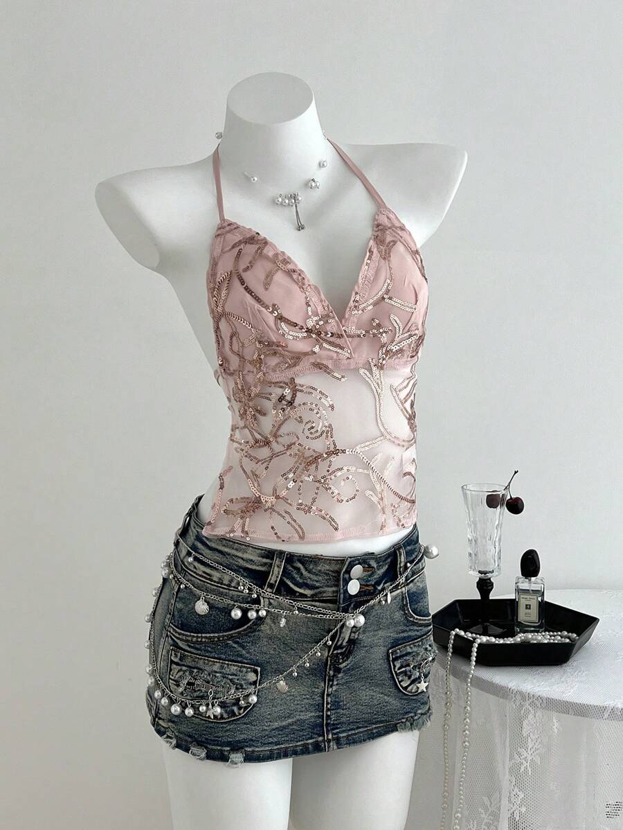 Elamini Sexigt glitterbroderat linne med rygglös halterneck för kvinnor för sommaren - Rosa - Visa 1